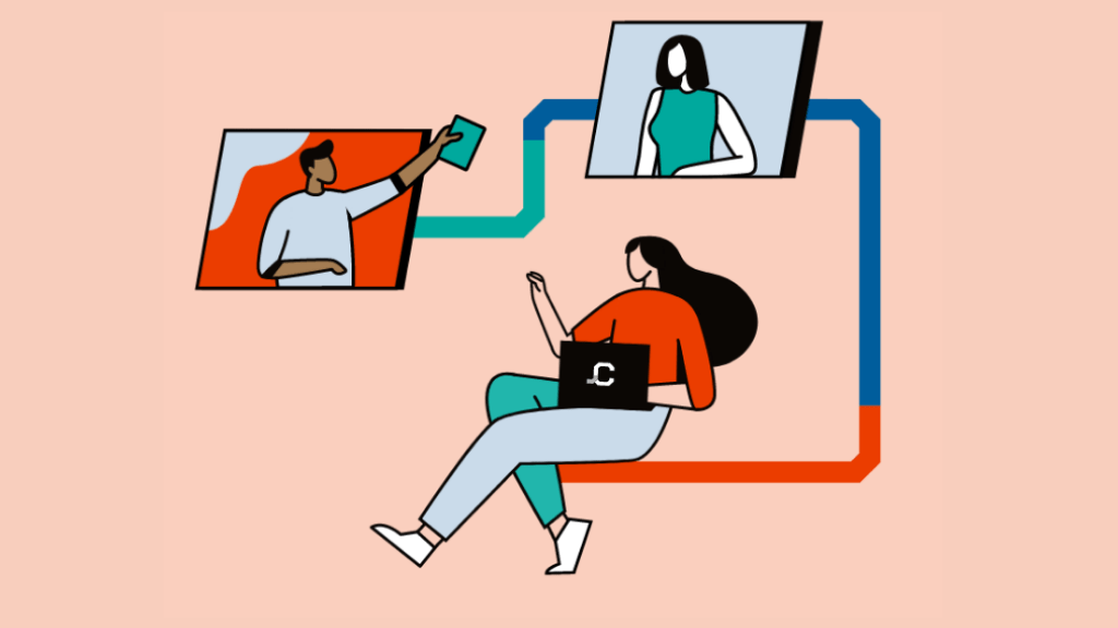 Eine Illustration zeigt zwei Meneschen auf Monitoren sowie eine Frau mit Laptop, die interagieren.